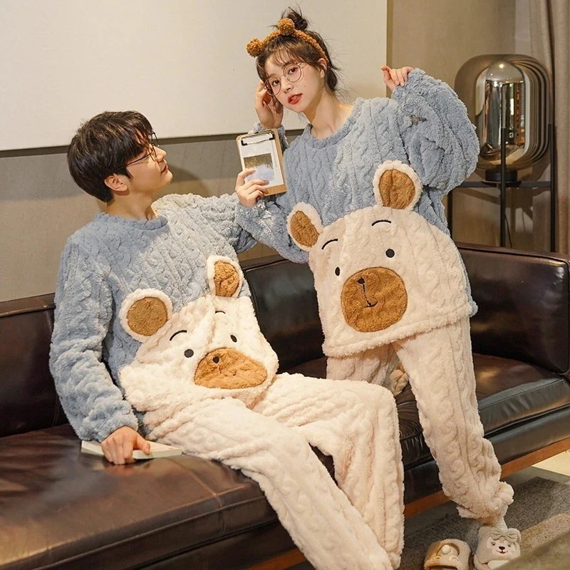 【急速出荷!】カップルパジャマレディースフランネルかわいいラウンドネックプルオーバー豚メンズホーム服コーラルベルベット