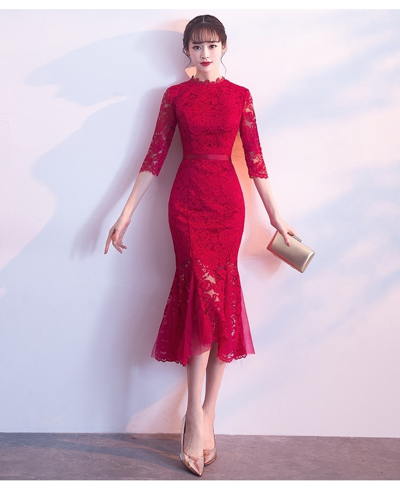 チャイナドレス ワンピース ワンピドレス ロング丈 無地 ラウンドネック 冬 結婚式 エレガント レッド 赤 ピッグレッド ダークグリーン シャンパン シルバーグレー ブラック 黒 S M L XL