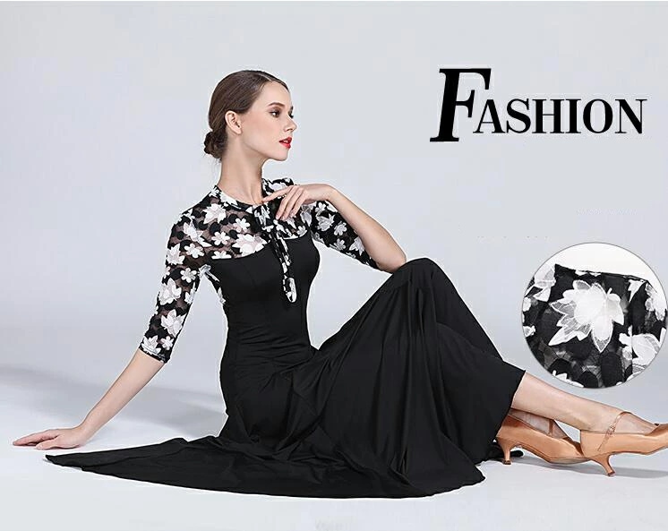 新作 社交ダンス専用ダンス ドレス 優雅 演出服競技用 ワルツドレス 高級感 エレガント 人気 ステージ衣装 踊りドレス イベント服スタンダードダンス 舞台 七分袖 黒 花柄 S/M/L/XL/2XL