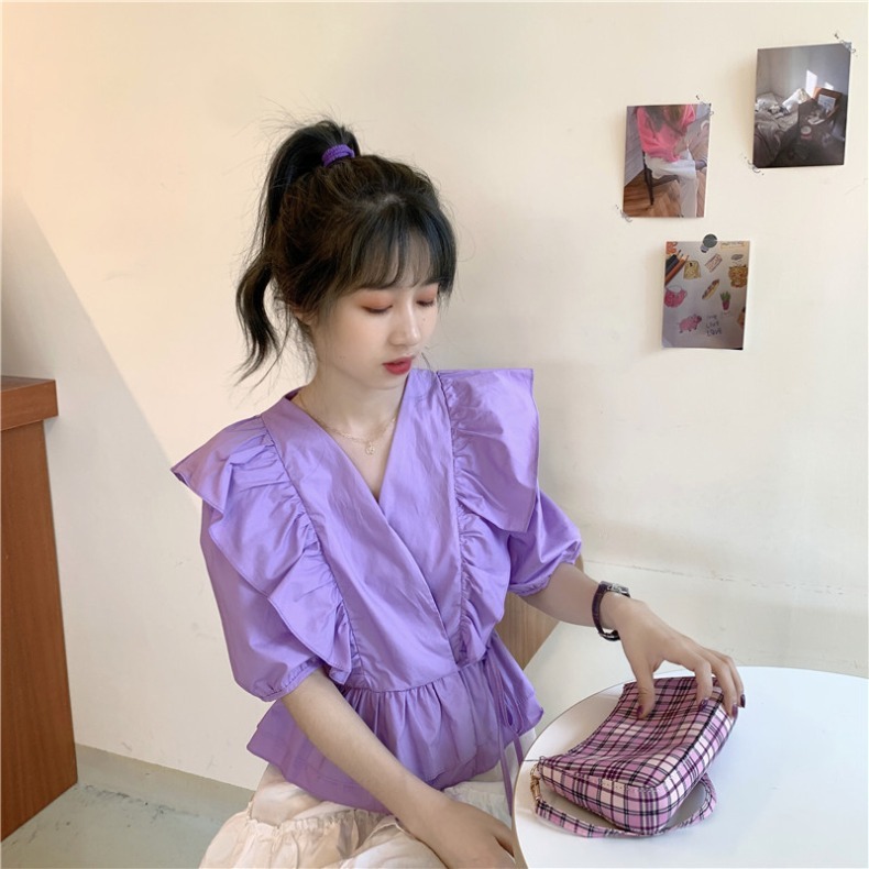 トップス シャツ ブラウス 袖あり 半袖 5分袖 五分袖 Vネック フリル リボン ウエストマーク かわいい 大人可愛い きれいめ おしゃれ お洒落 レトロ ラブリー キュート ガーリー 主役級