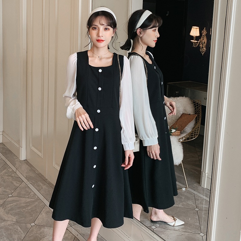 【送料無料】マタニティ ワンピース 授乳口付き スクエアネック レイヤード風 パフスリーブ