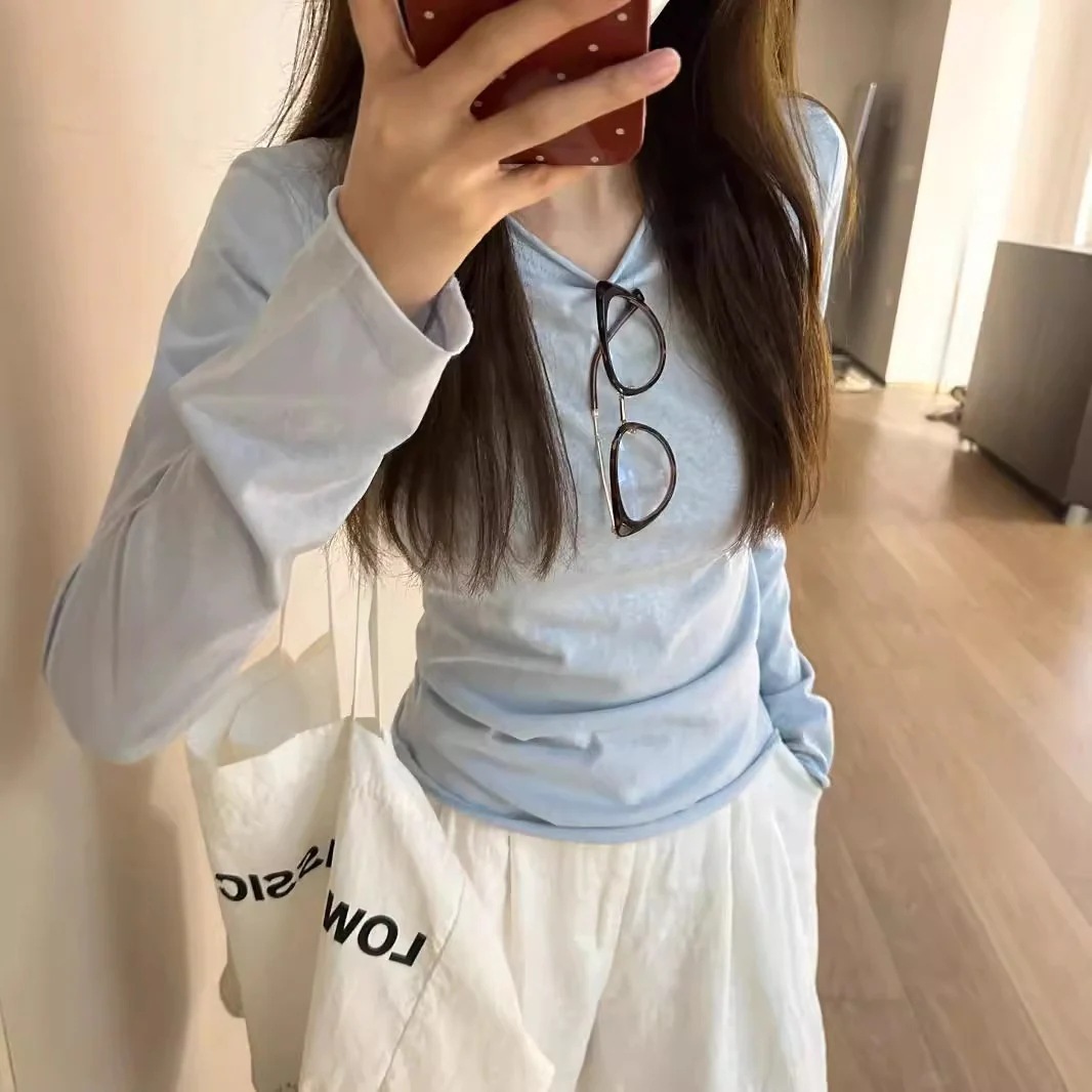 長袖 Tシャツ レディース 2025 日焼け止めスモック 初秋 韓国製 多用途 薄い部分 ボトム トップス ベーシックニット