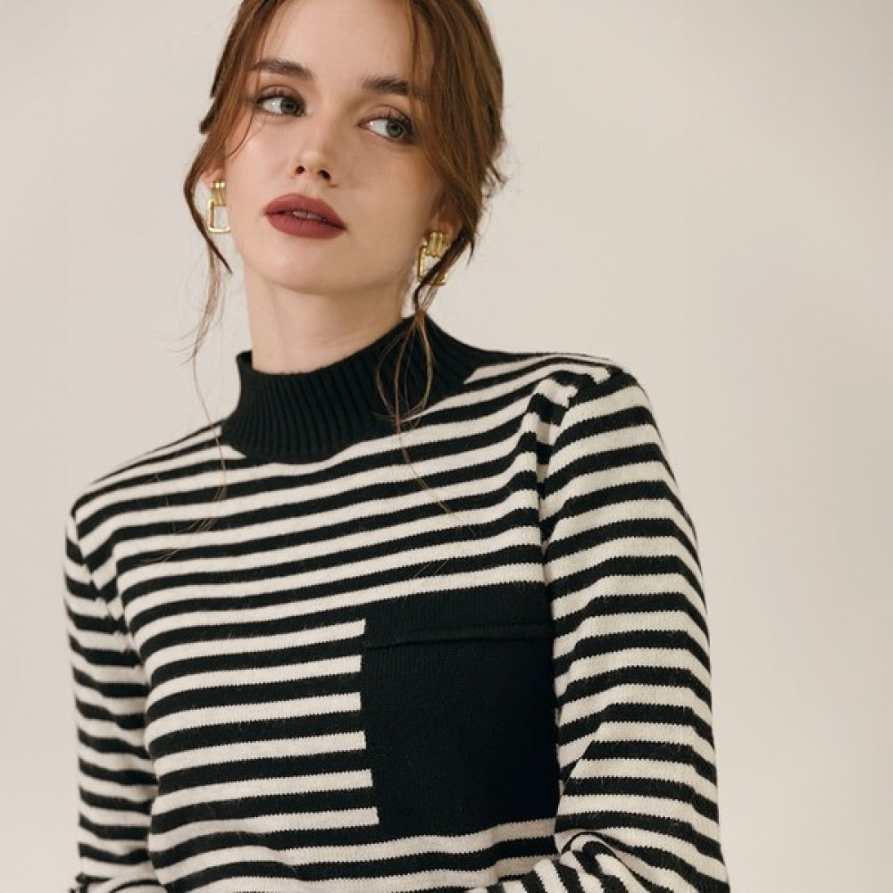 (Max Cartiggio) フェイクポケットハーフネックストライプニット