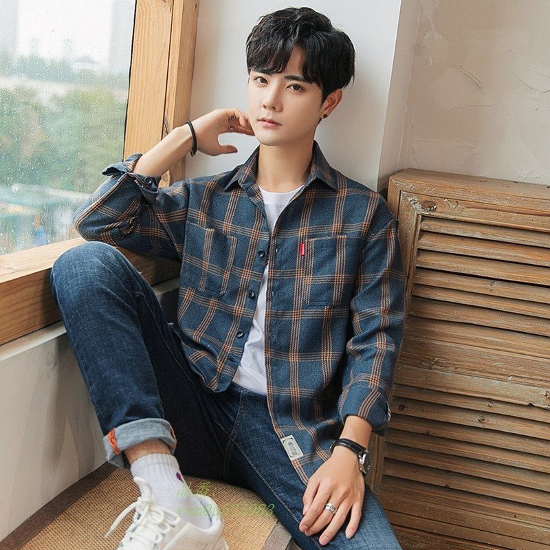 シャツ 胸ポケット 秋 折り襟 ファッション 長袖 格子柄 チェックシャツ 薄手 メンズ カジュアル
