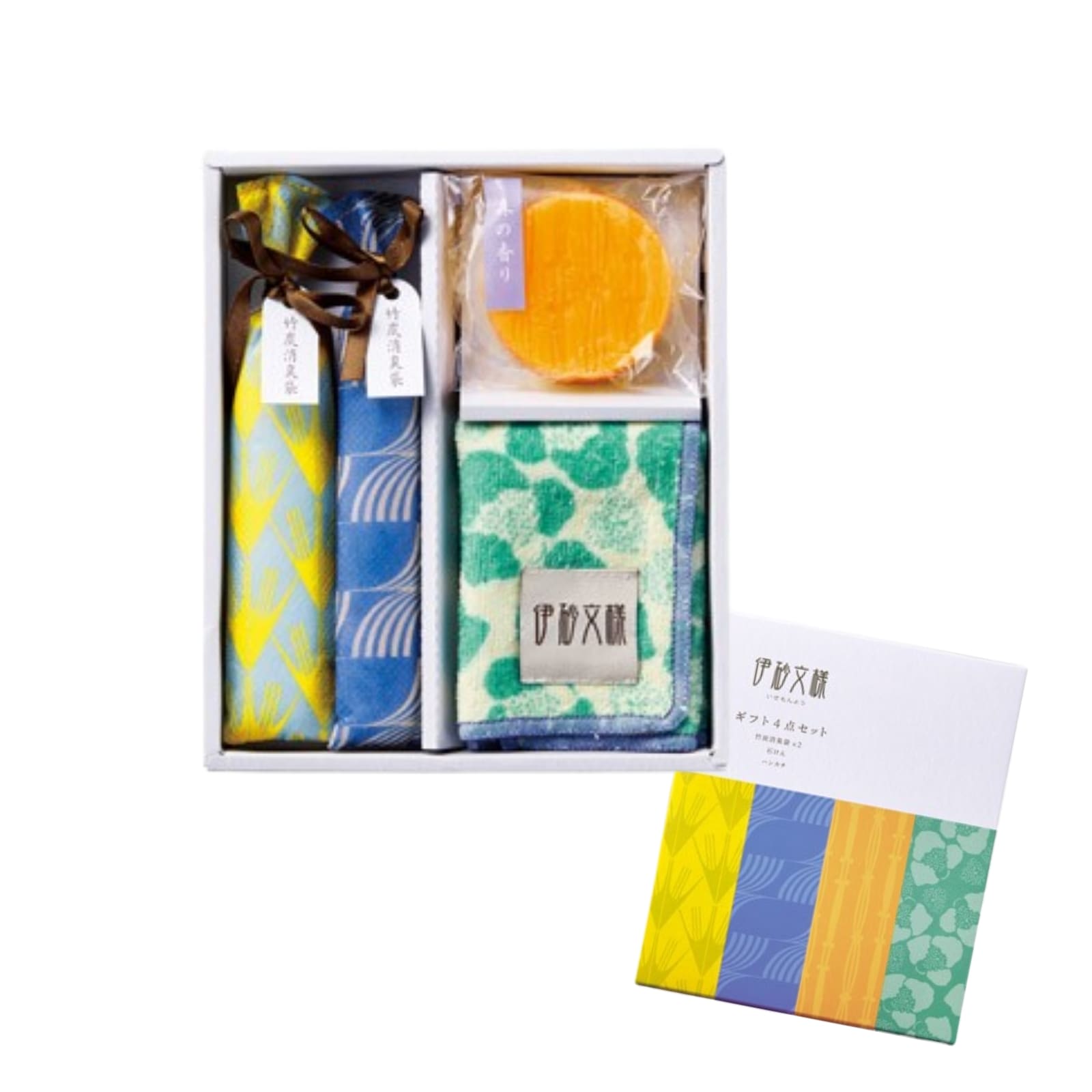 【96個セット】伊砂文様 ギフト4点セット 和柄 おしゃれ 日用品ギフトセット 竹炭袋 ハンカチタオル 石鹸 化粧箱入り プチギフト 粗品 景品 お返し プレゼント 和モダン