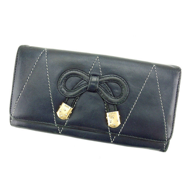 長財布 ファスナー付き長財布 リボンモチーフ ブラック ゴールド 中古