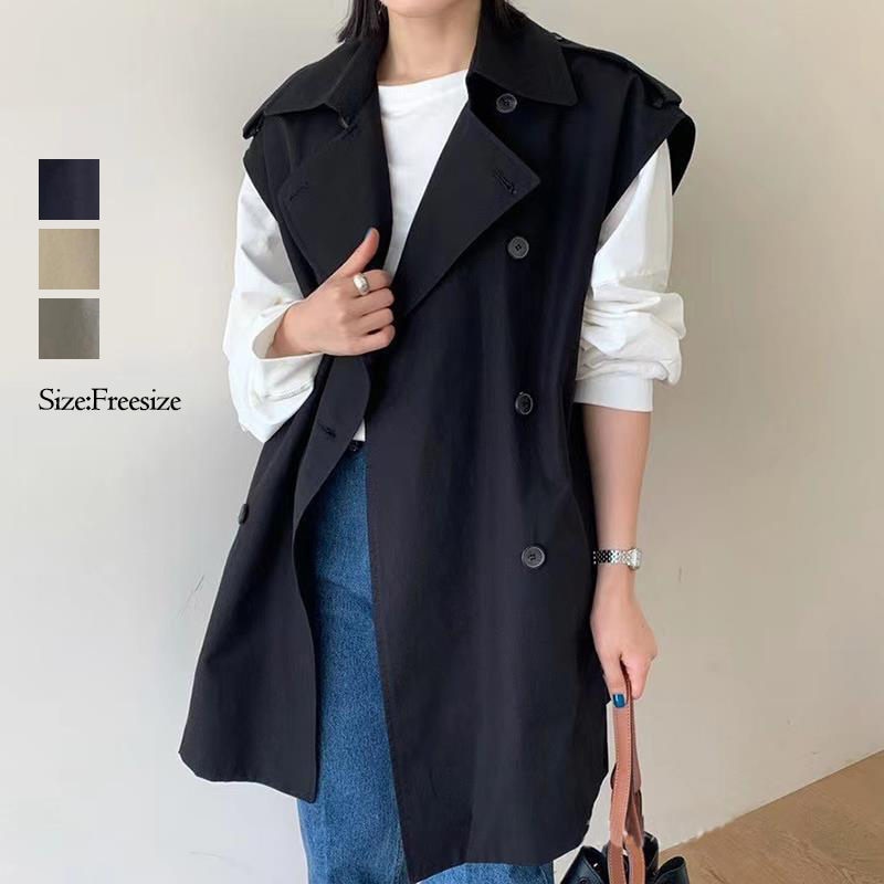 トレンチコート トレンチ 秋 ロング ノースリーブ トップス 30代 ロングベスト きれいめ 無地 ベスト コート レディース 黒 羽織もの 大きいサイズ コーデ 冬 おしゃれ 40代 ミモレ丈 ベ