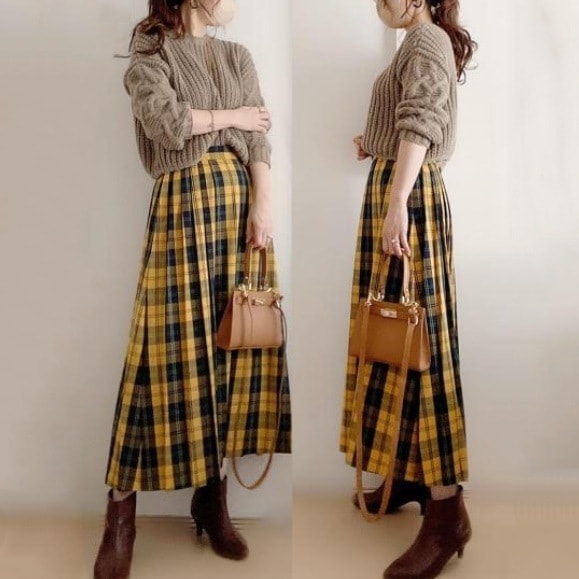 【新品殺到中】 女っぽさが漂うラウンドネックセーター+チェック柄ハイウエストAラインスカートワンピースセット