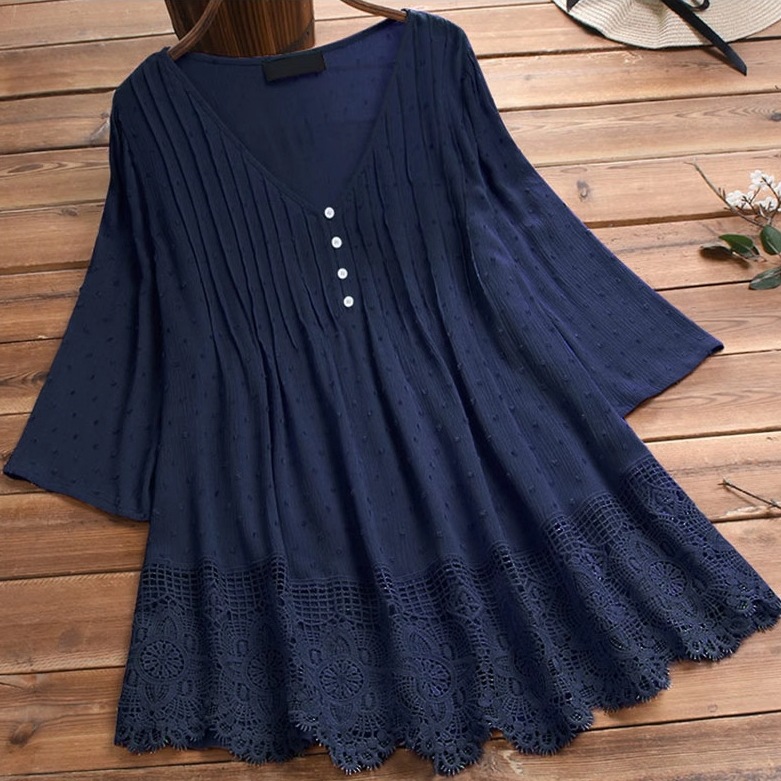 レディース トップス シャツ ブラウス 7分袖 Vネック 襟なし ワイド フェミニン レース 透け感 ボタン 薄手 かわいい 大人可愛い きれいめ シンプル カジュアル 上品 おしゃれ レトロ
