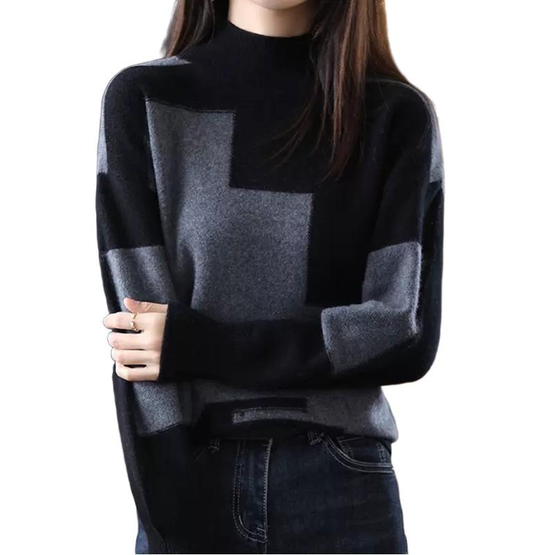 セーター 長袖 レディース 女性 ニット ハイネック クルー ウール 配色 トップス プルオーバー 暖かい チェック 大きいサイズ 黒 白 グレー