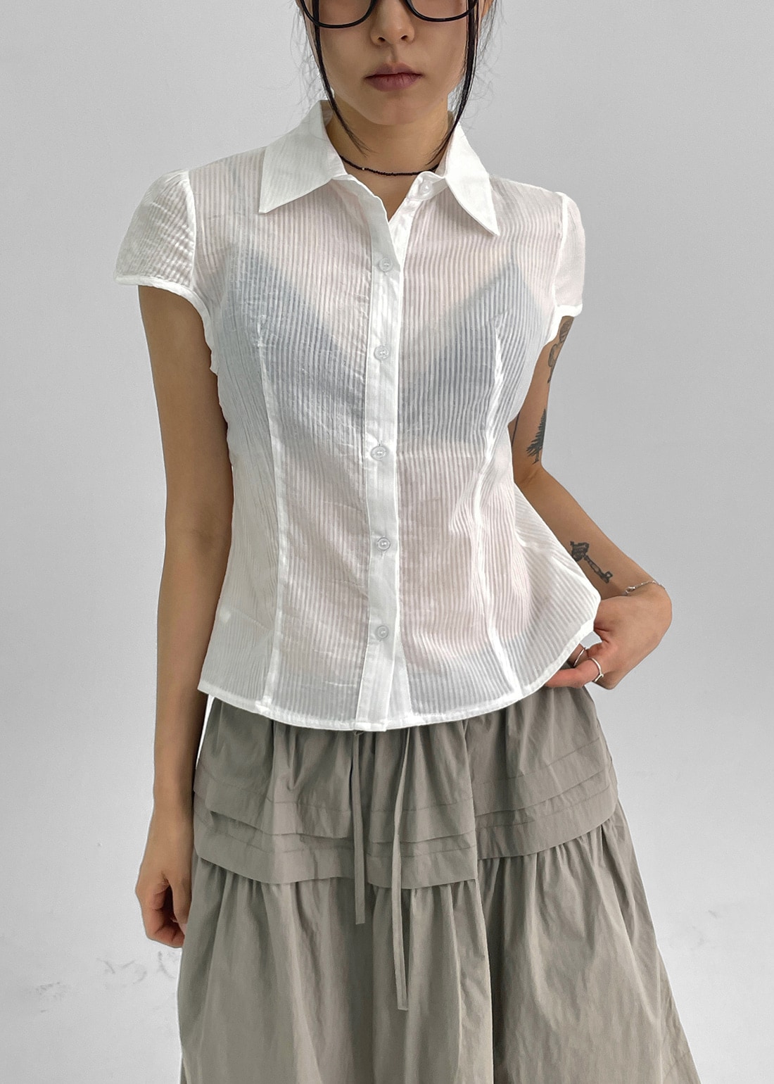 ピントンサマーキャップ袖ストライプ半袖シャツ