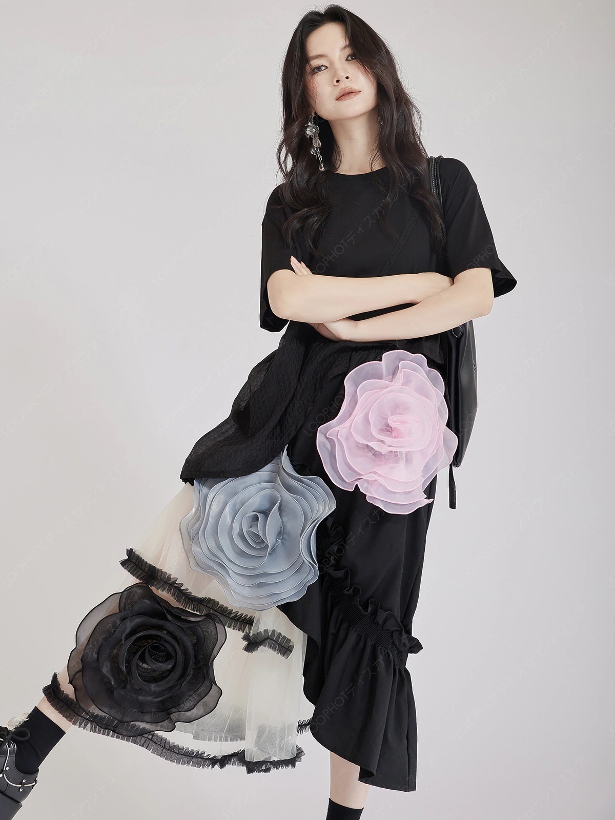 2025新フレンチレトロなデザイン感の不規則な網糸継ぎポンポン半身ロングスカートバラの半身スカート-34