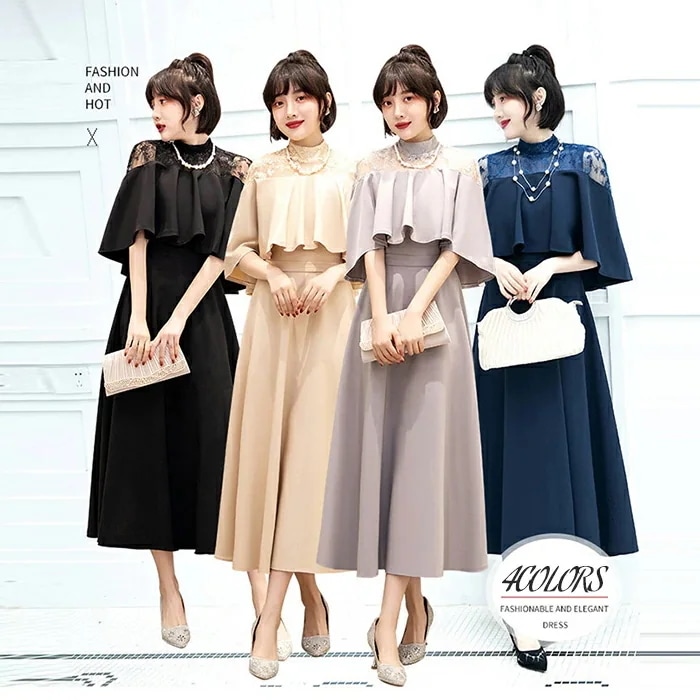 パーティードレス ワンピース フォーマル レディース マキシワンピス ロング丈 マキシ丈 パーティー ドレス レース 結婚式 同窓会 袖あり 長袖 女子会 半袖 七分袖 大人 体型カバー 着痩せ 上品