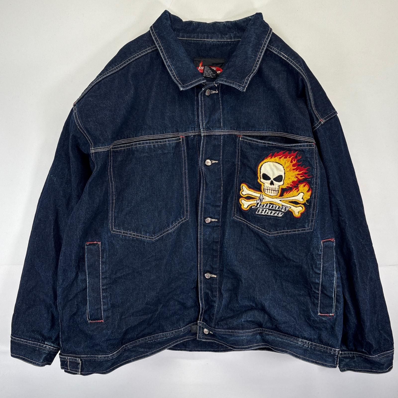 古着 Johnny Blaze デニムジャケット スカル刺繍 大きいサイズ ファイヤーパターン バックデザイン XXL インディゴブルー メンズ