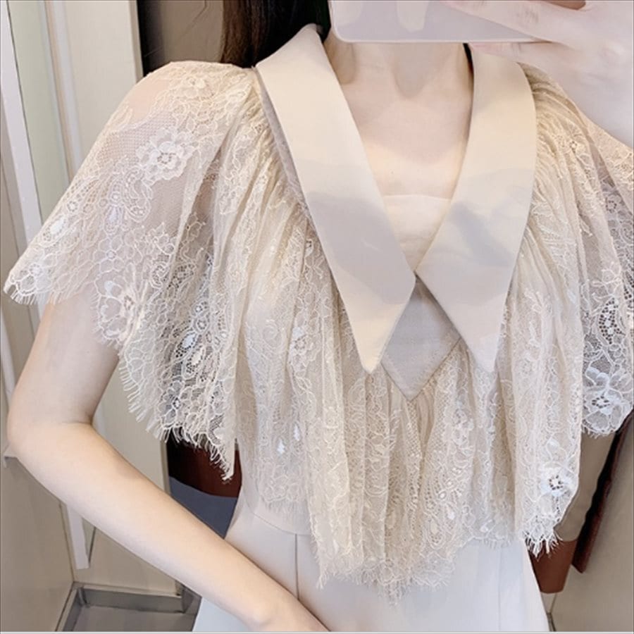 トップス ブラウス ノースリーブ 袖あり 半袖 Vネック プルオーバー 透け感 シースルー レース かわいい 大人可愛い 大人女子 こなれ感 シンプル 大人 上品 おしゃれ お洒落