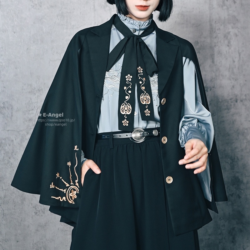 チャイナ風アウター マント ケープ マントコート 黒 日本伝統版画刺繍 猫又 狐仙 犬神 和風ファション 着痩せ