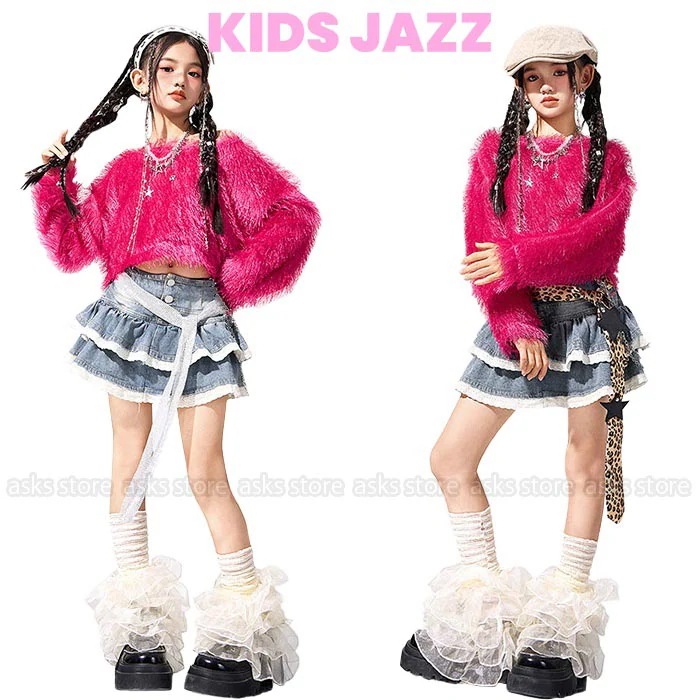 【急速出荷】新商品プロモーション，数量限定 キッズ ステージ衣装 ジャズダンス 女の子 発表会 上下セット 長袖 ふわふわ デニムスカート ヒップホップ ストリートダンス チア JAZZ 韓国 ジュニ
