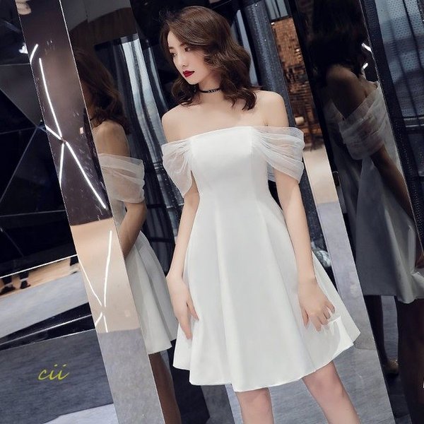 白 ホワイトドレス ボートネック 二次会 無地 オフショルダー 30代 ミニ丈 お呼ばれ Aラインドレス 20代 パーティードレス