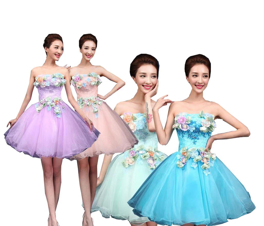 期間限定30%割引 /ブライズメイド服花付き/ミニウェディングドレス/ミニドレス/膝丈ドレス/ブライズメイドドレス/膝丈パーティードレス/花嫁 結婚式 ニ次会 演奏会　チュール重ねフレアドレス/チュー