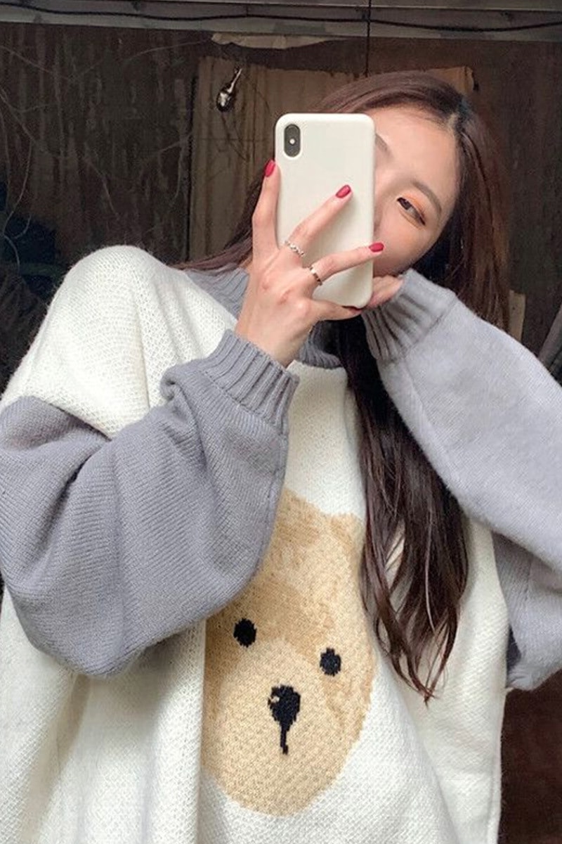 1341 新しい多用途ゆるい怠惰なスタイルのプルオーバー繭型のかわいいクマ日本のセーター女性のための秋と冬のアウターウェア外国スタイル