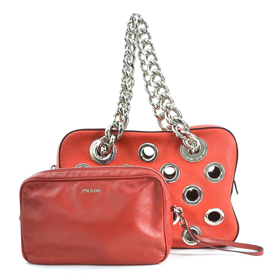 プラダ PRADA ハンドバッグ レザー/メタル レッド/シルバー レディース e59731a