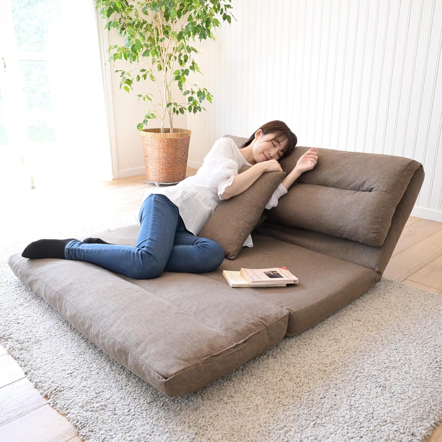 [山善] 沙发 沙发床 躺椅 3WAY 宽松 单人座 带靠垫 腰部14档 躺椅 简易床 低沙发 宽110×深70/193.5×高13.5/57cm 独居 成品 棕色 GAS-110(BR)