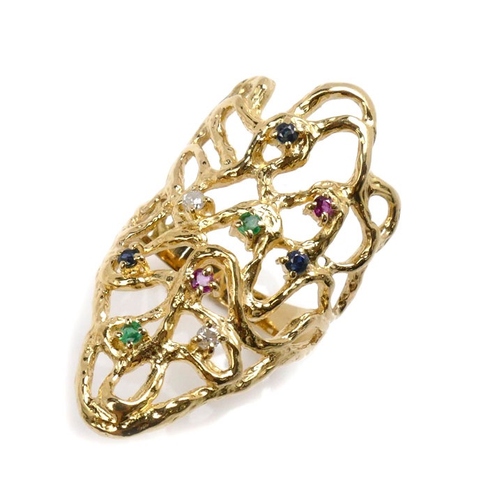 K18YG イエローゴールド マルチストーン リング・指輪 ルビー サファイア エメラルド 13号 7.8g ダイヤモンド レディース 中古 美品