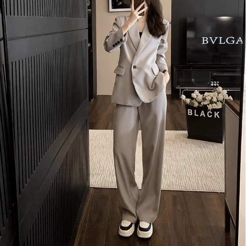 レディース ジャケット パンツ セットアップ ２点セット 前開き ストレートパンツ ロング Vネック 襟付き 角襟 ストレート Iライン ポケット 前開き ボタン ポリエステル 大人可愛い きれいめ