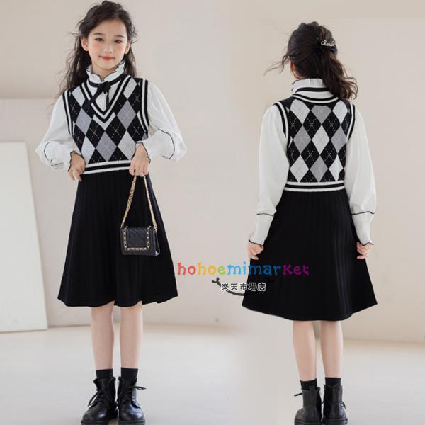 韓国子供服 セットアップ 女の子 入学式 卒業式 発表会 七五三 秋服 おしゃれ キッズ 長袖シャツブラウス+ニットジャンパースカート 式 入学式