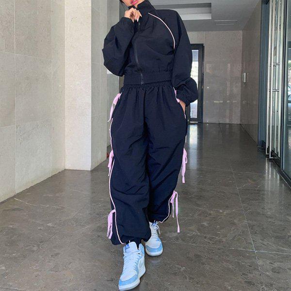 Hスタイル(SET)リボンユニークピンストライプロールーズワイドジョガーセット 春 女性 トレーニングウェアセット スウェットセット ルーズフィット