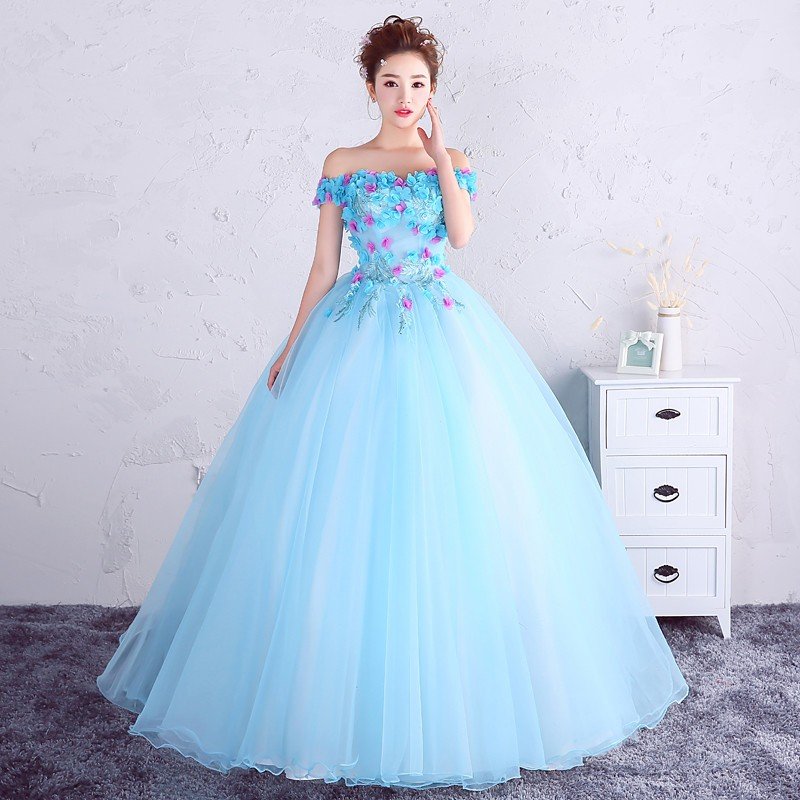 高品質 カラードレス パニエ付き ウエディングドレス ロングドレス パーティードレス 豪華 花嫁 礼服 結婚式 披露宴 謝恩会 二次会ドレス ブルー