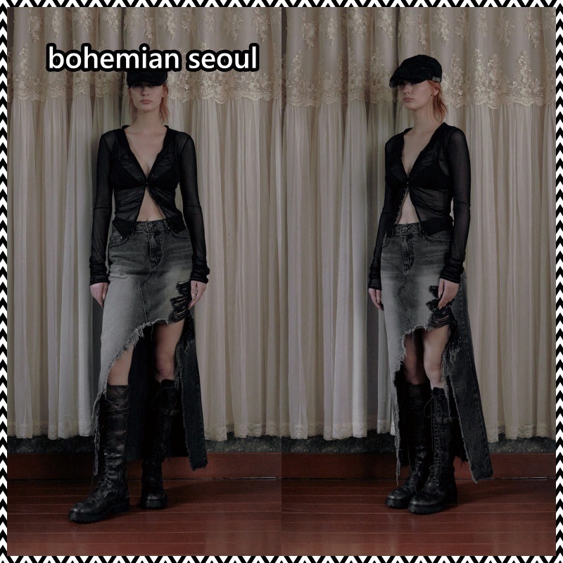bohemian seoul DESTROYED DENIM LONG SKIRT