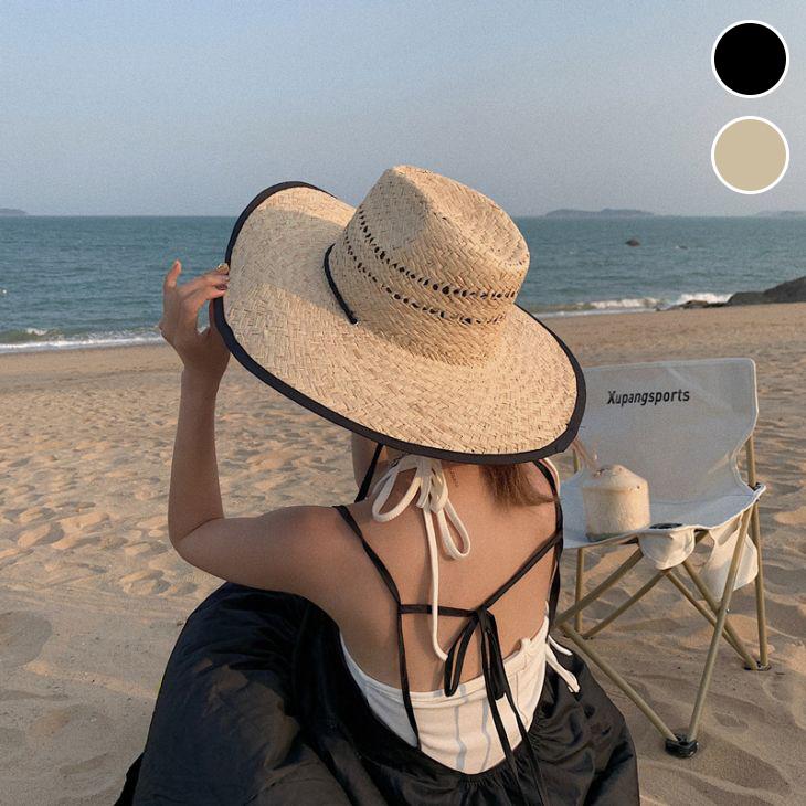 【韓国ins大人気】つば広 ハット 麦わら 帽子 バイカラー 紐付き 大きさ調整可 韓国ファッション【azk406-603】【予約販売：15-20日】宅込