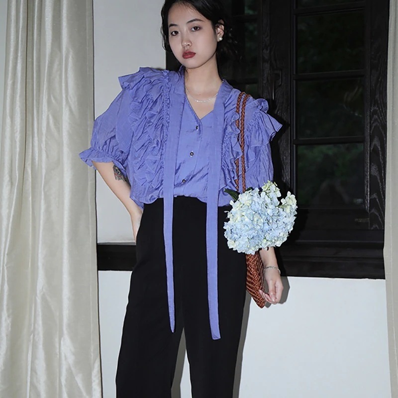 フリルブラウス 長袖/半袖 ボリューム リボンブラウス 紫 Vネックトップス オフィス デート服 シャツ