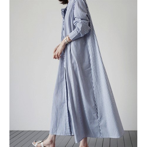 2021秋新作 ワンピース ブラウスワンピース ロングワンピース 長袖 ストライプ柄 体型カバー 2#L 2484