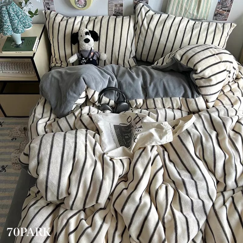 グレー ストライプ ミルク ベルベット 冬用 布団カバーセット 全2種 ベッドカバー 寝具カバー シングル ダブル クイーン ベッドリネン ぬくぬく おしゃれ 韓国インテリア 70PARK