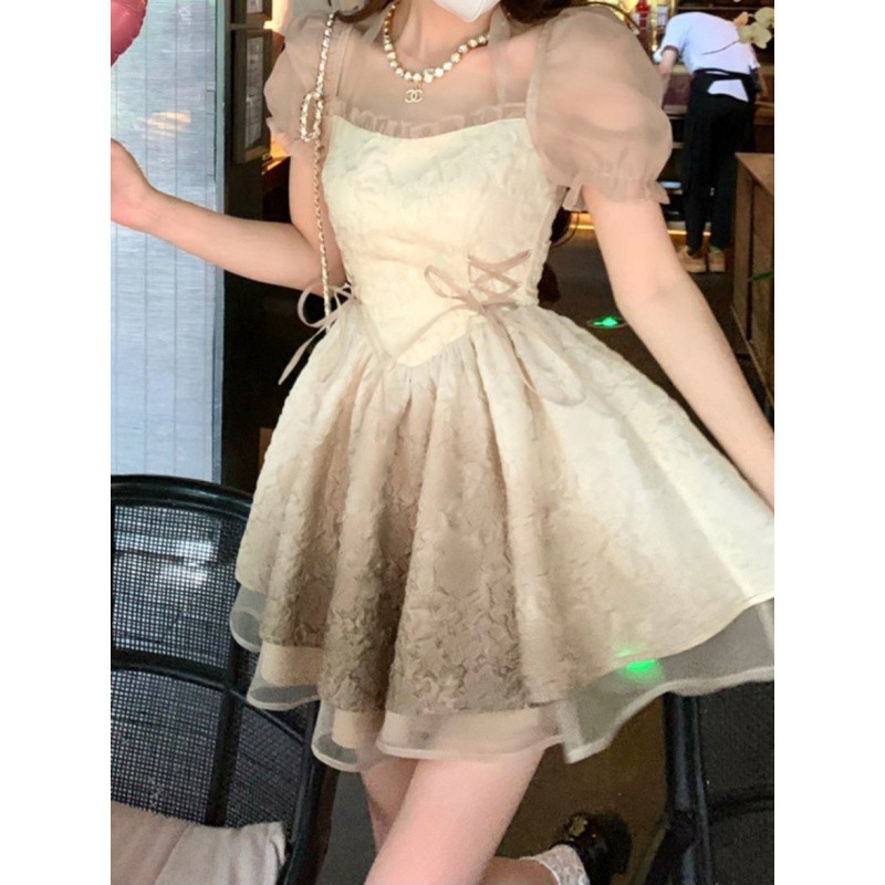 【1つ買うと10つ無料】最初の愛のスカートサマープリンセスプーフスカートウエスト薄いバブルスリーブドレス女性の小さな男