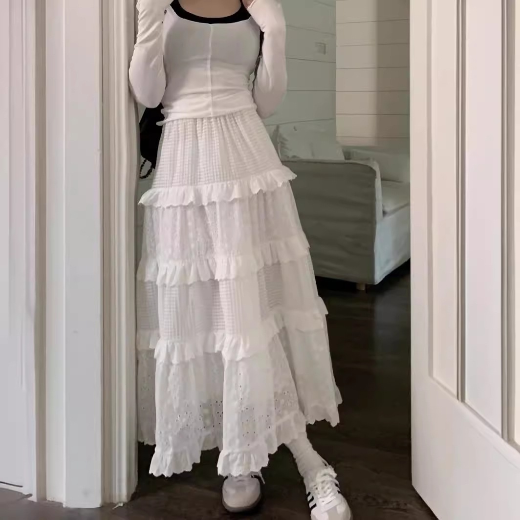 【1つ買うと10つ無料】2025女子春と夏のホワイトケーキスカートハイウエストミディアムレングスジャカードスモールレーススカート ラインスカート