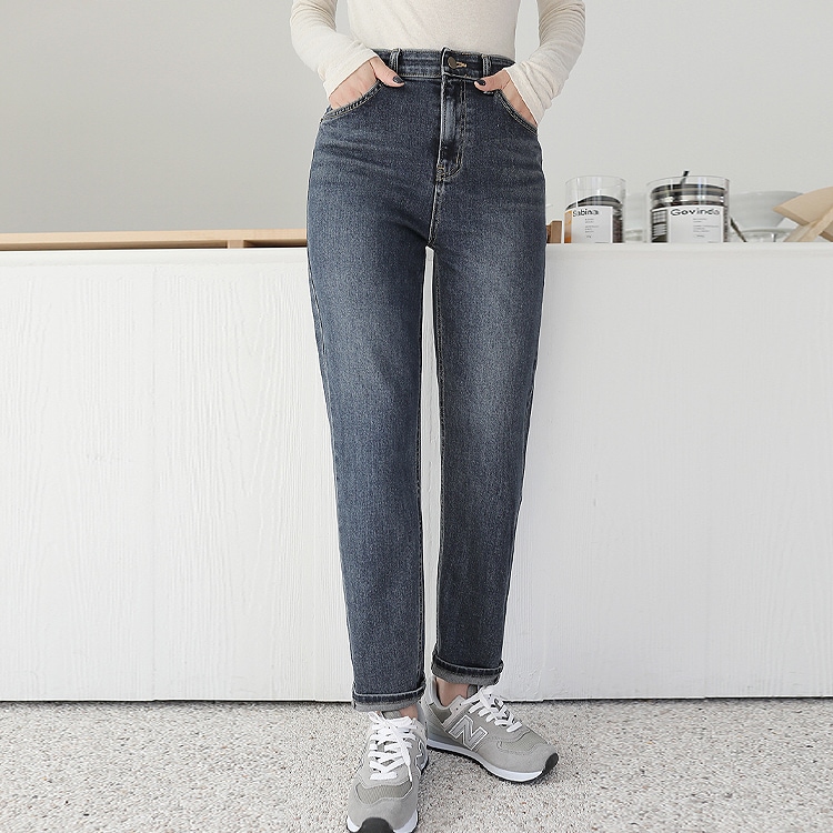 [韓国ファッション] ハイウエスト 隠しウエストゴム ボーイフレンドフィット ストレッチデニムパンツ