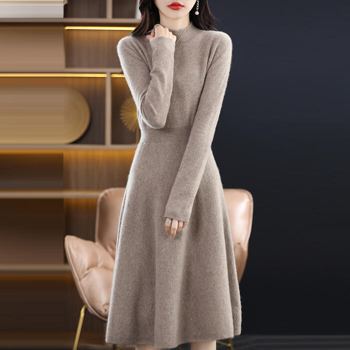ウール100％ ニット ワンピース ロングワンピ 袖あり きれいめ カジュアル ハイネック ミモレ丈 長袖 ワンピ ドレス フェミニン レディース エレガント Aライン ベージュ レッド 赤 ブラック