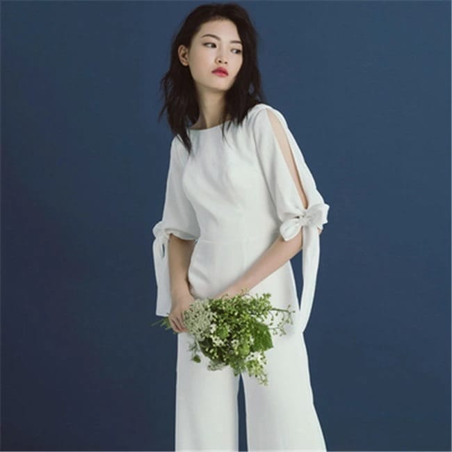 ホワイト ウェディングドレス　Aライン　ズボン　パンツドレス ロングドレス ウェディングドレス レース 素地 ファスナータイプ　s～xl　Wedding Dress　お花嫁　結婚式　旅行撮影演出