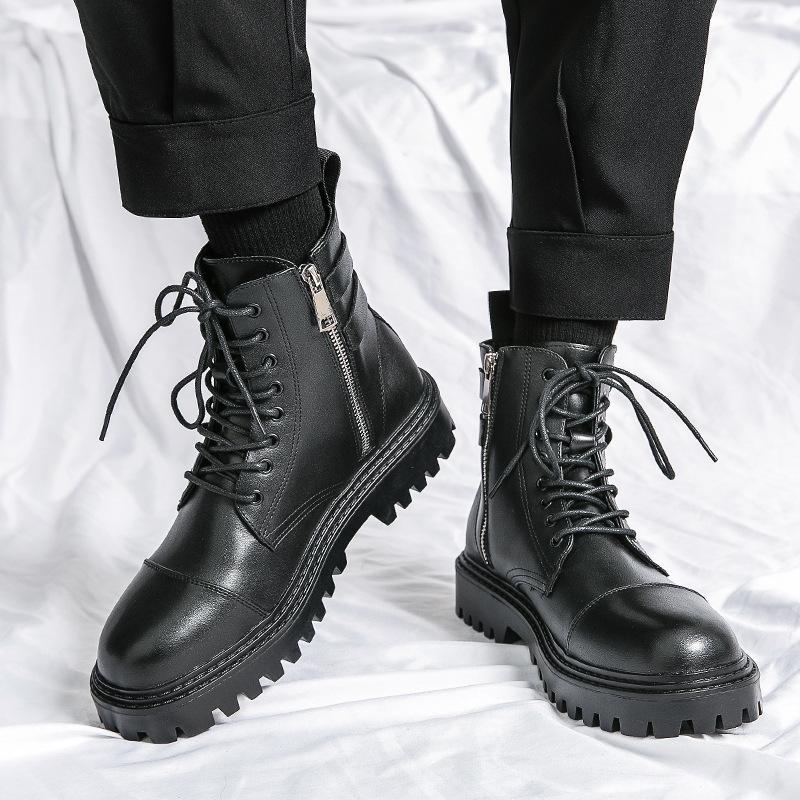 ショートブーツ メンズ ワークブーツ サイドジップ レースアップ ブーツ 厚底ブーツ 革靴 ミリタリーブーツ エンジニアブーツ 軽量 滑りにくい 防寒0