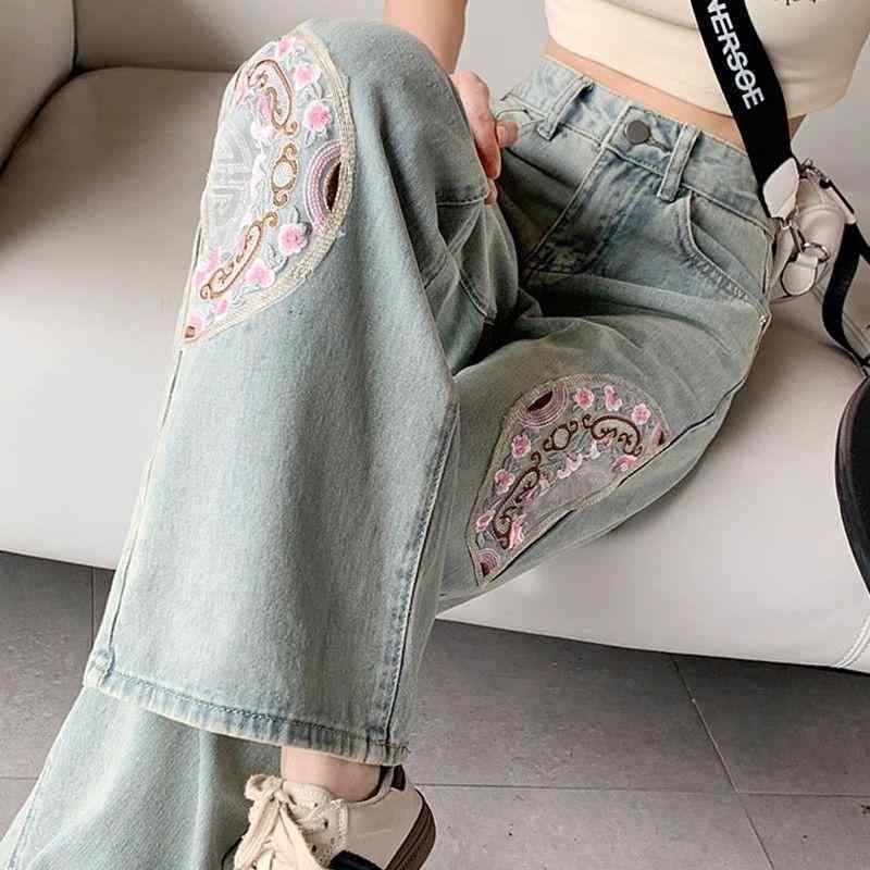 レディース ファッション カジュアル おしゃれ チャイナ風 ストレート ジーンズ 春 個性 ハイウエスト スリム 刺繍 ワイドレッグ パンツ