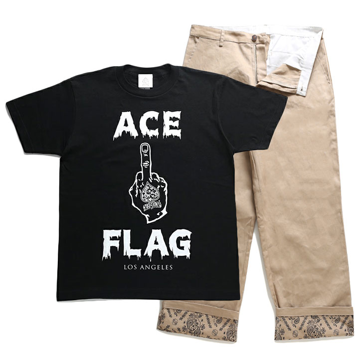 ACE FLAG 上下セット 半袖 ブランド Tシャツ チノパン ロングパンツ セットアップ メンズ 春夏用 黒 大きいサイズ エースフラッグ 中指 b系 ヒップホップ