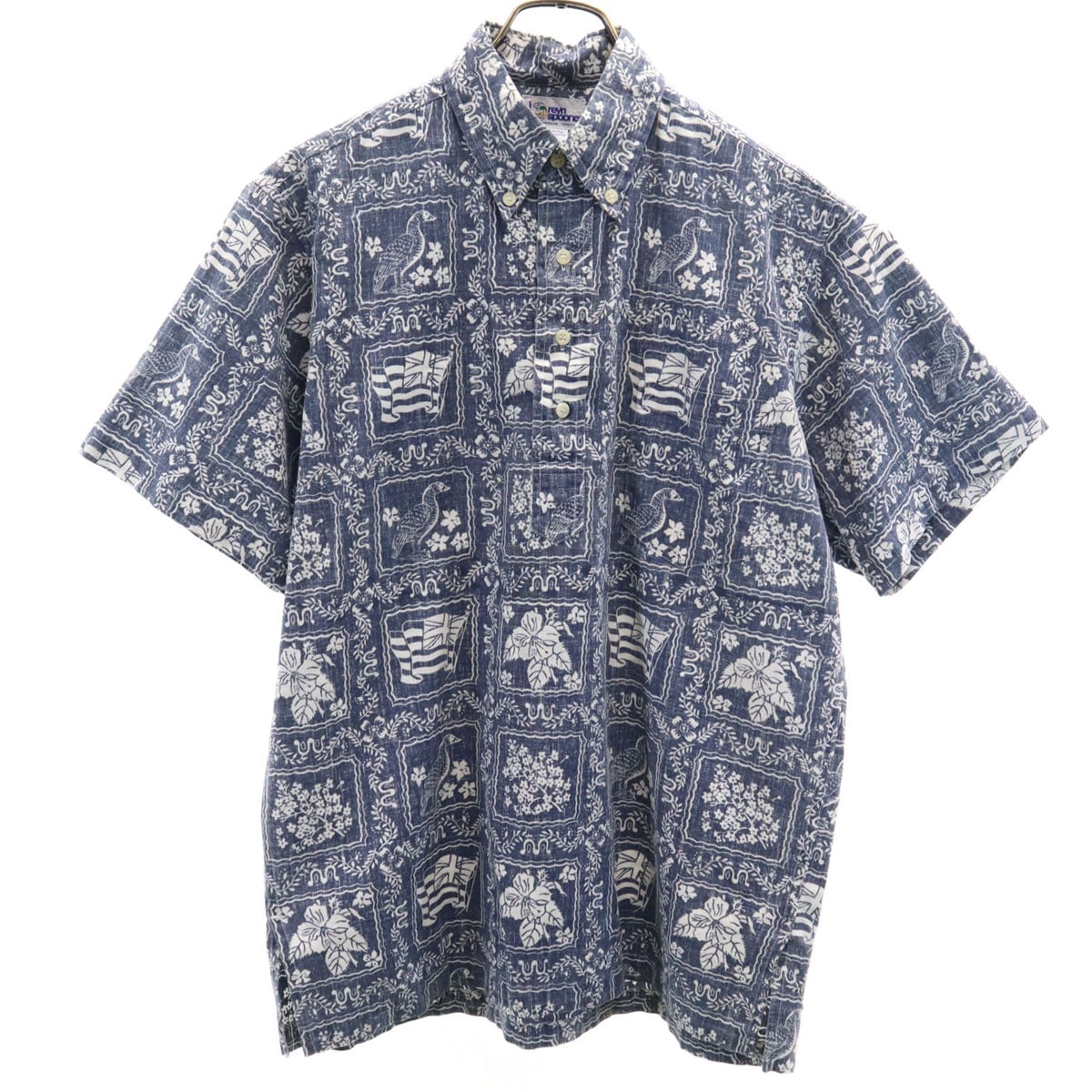 90s オールド 水着タグ 総柄 リバースプリント 半袖 ボタンダウン アロハシャツ S ネイビー プルオーバー メンズ 古着