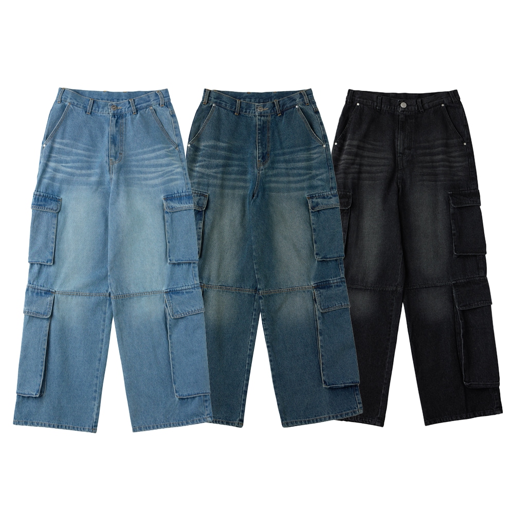 Double Cargo Washing Denim Wide Pants Light Blue