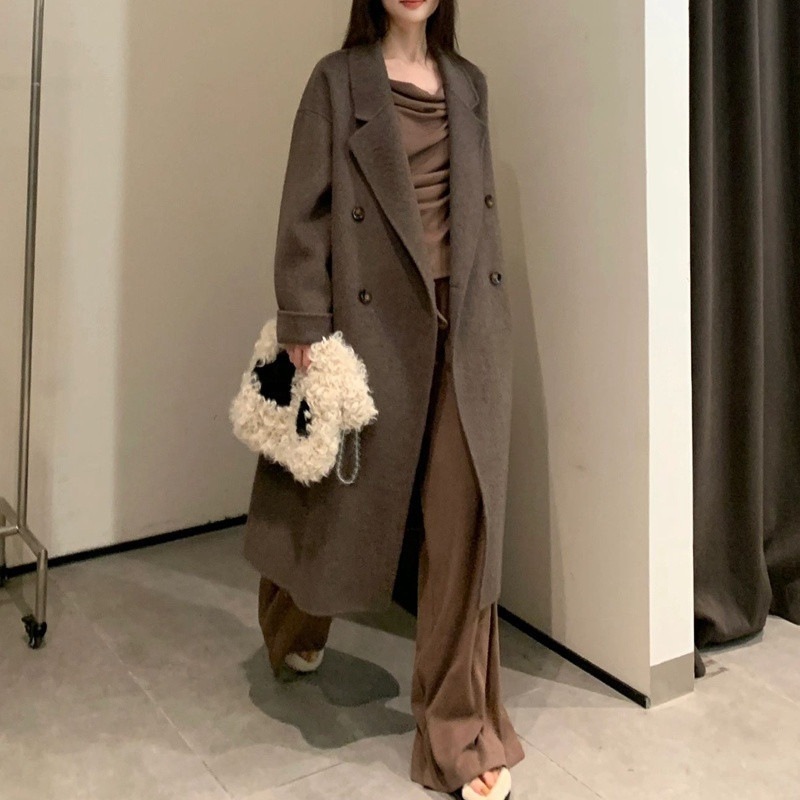 2025メイラード女性用ミドル丈ウールコート小柄なゆったりとしたとベルベットの厚みのあるウールコート