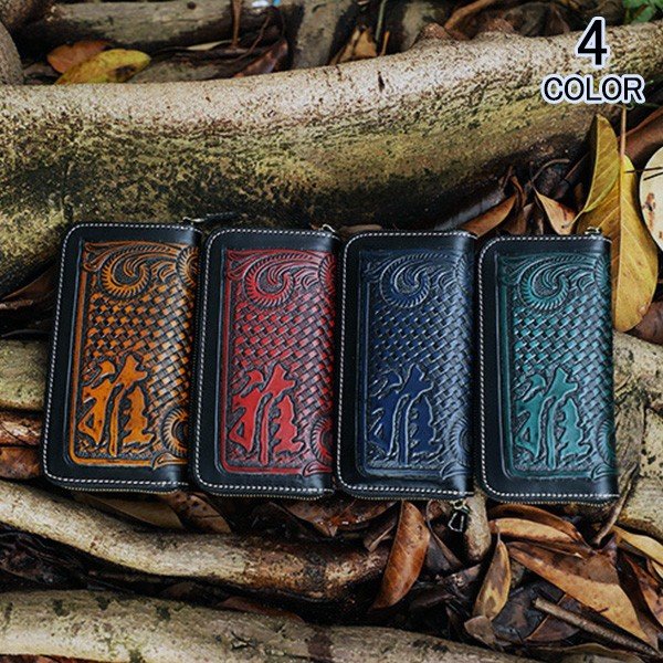 メンズ財布 メンズ 革 本革 レザー 型押し 長財布バイカーズウォレット 長財布 唐草 ライダースウォレット 誕生日 プレゼント