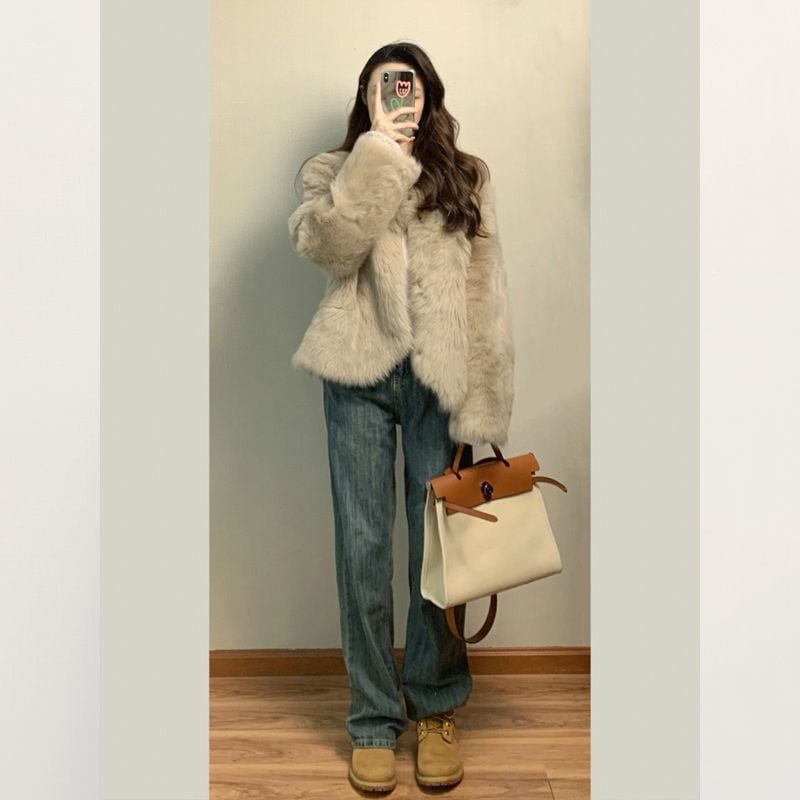 レディース シャネル風フェイクラビットファーコート秋冬スタイル厚手ファーコートコーデュロイなどの質感