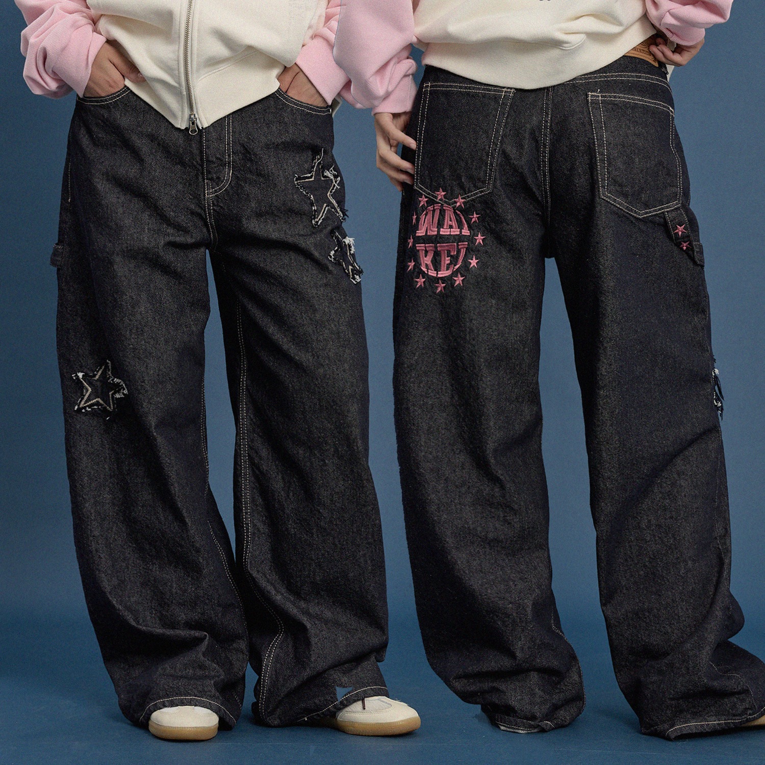 Star Applique Embroidery Denim Pants INDIGO BLUE